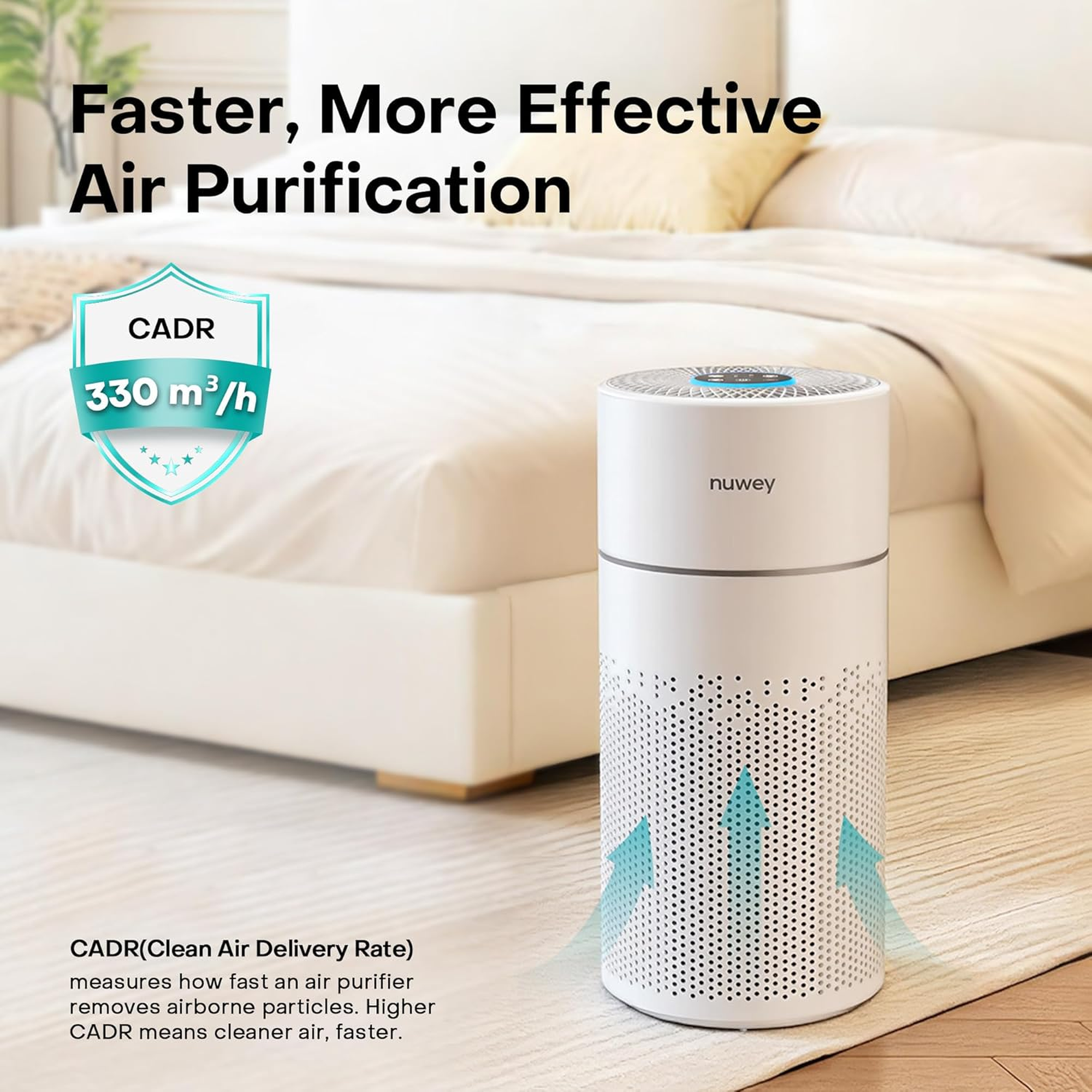 Nuwey AP330 air purifier in a bedroom with CADR 330 rating badge shown