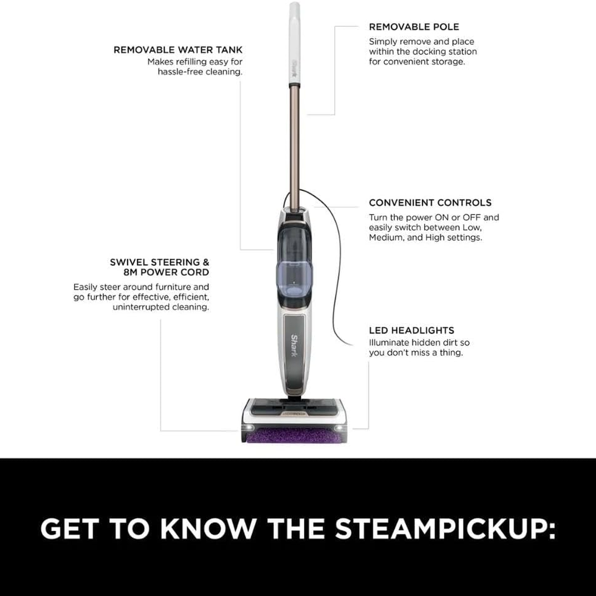 Shark SteamPickUp SD200ME features diagram – removable water tank, swivel steering, LED headlights, convenient controls