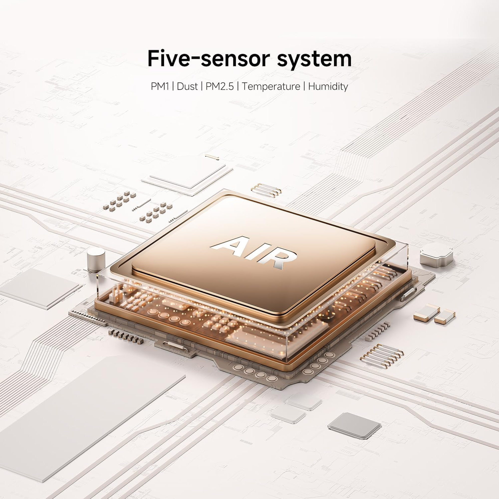 Xiaomi Smart Air Purifier 6 five-sensor system tracking PM1, dust, PM2.5, temperature and humidity