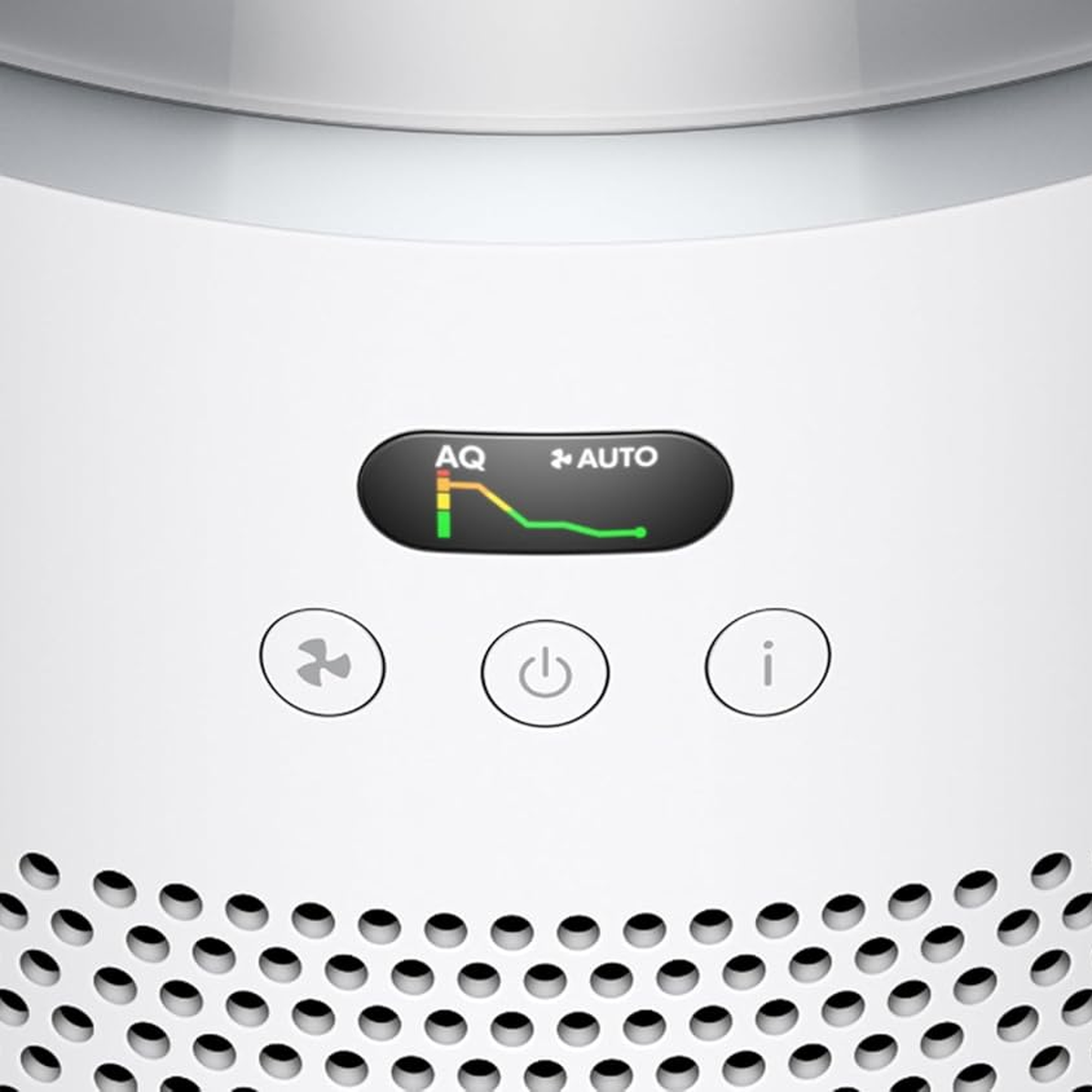 Dyson Hushjet Purifier Compact HJ10 control panel close-up showing AQ display, Auto mode and power buttons