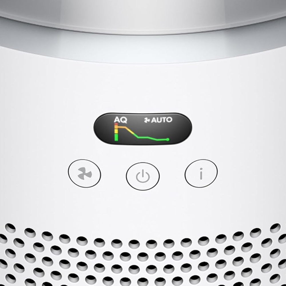 Dyson Hushjet Purifier Compact HJ10 control panel close-up showing AQ display, Auto mode and power buttons