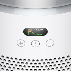 Dyson Hushjet Purifier Compact HJ10 control panel close-up showing AQ display, Auto mode and power buttons