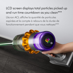 Dyson V15s Detect Submarine LCD screen displaying total particles picked up and run time countdown