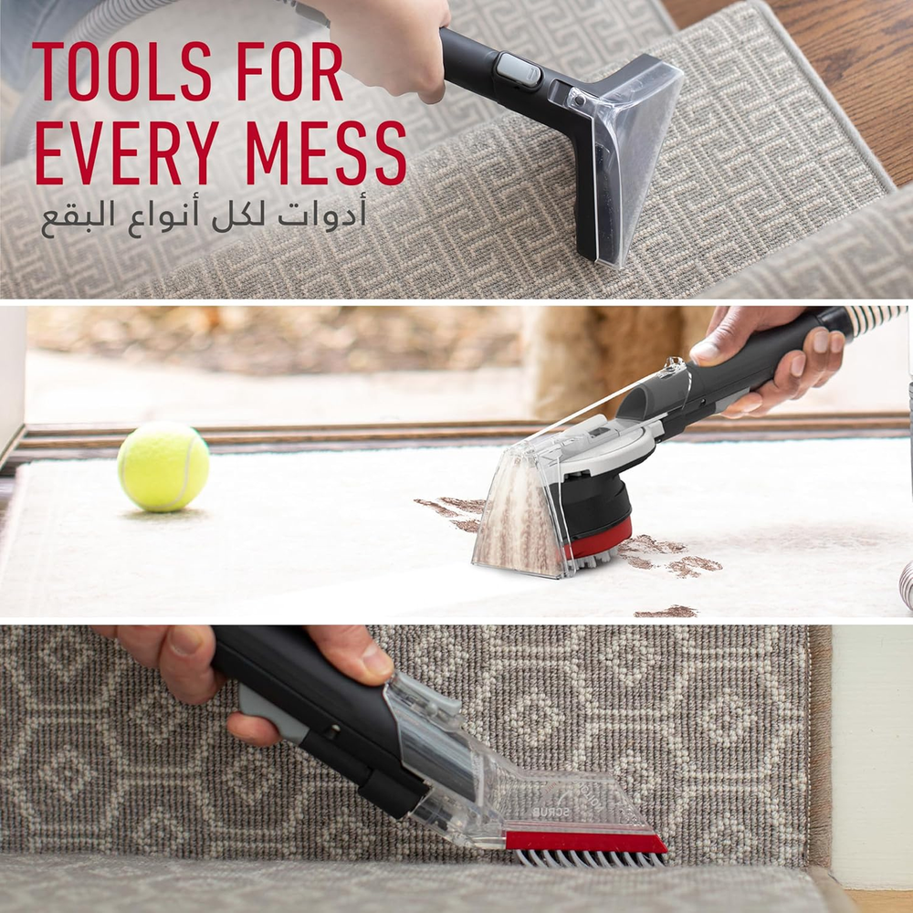 Hoover CleanSlate CDSW-MPMC tools for every mess – wide brush, SpinScrub and crevice tool on carpet and rugs