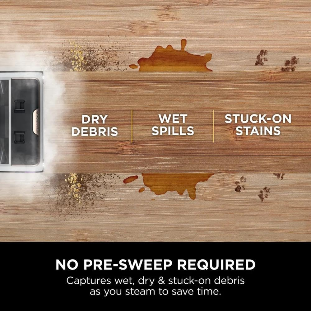 Shark SteamPickUp SD200ME capturing dry debris, wet spills, and stuck-on stains on a wood floor