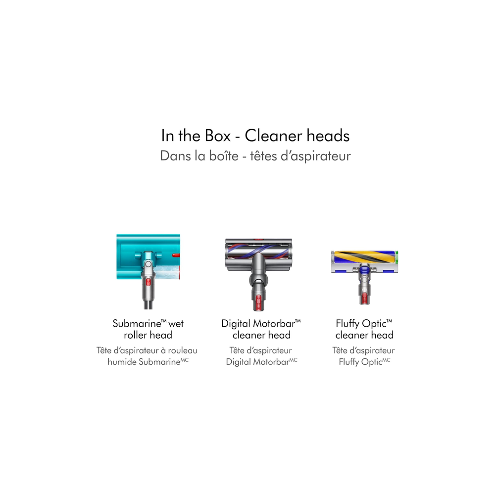 Dyson V15s Detect Submarine in the box – Submarine wet roller head, Digital Motorbar cleaner head, and Fluffy Optic cleaner head
