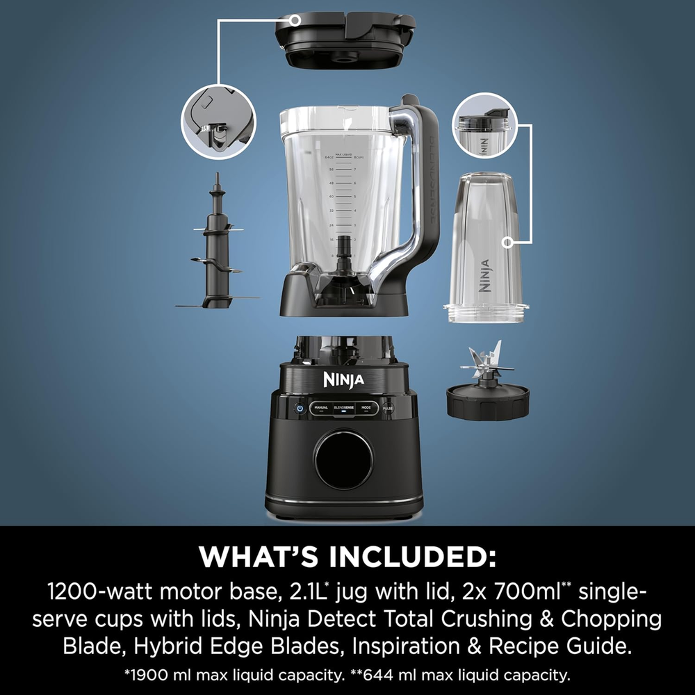 Ninja Detect Power Blender Pro TB301ME exploded diagram showing motor base, jug, cups and blades included