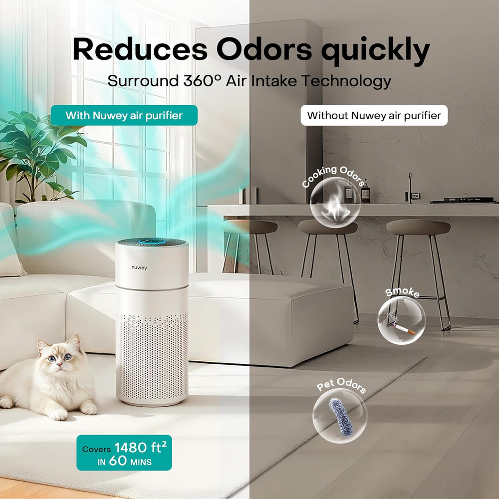 Nuwey AP330 air purifier reducing cooking odors, smoke, and pet odors in a living room with a cat