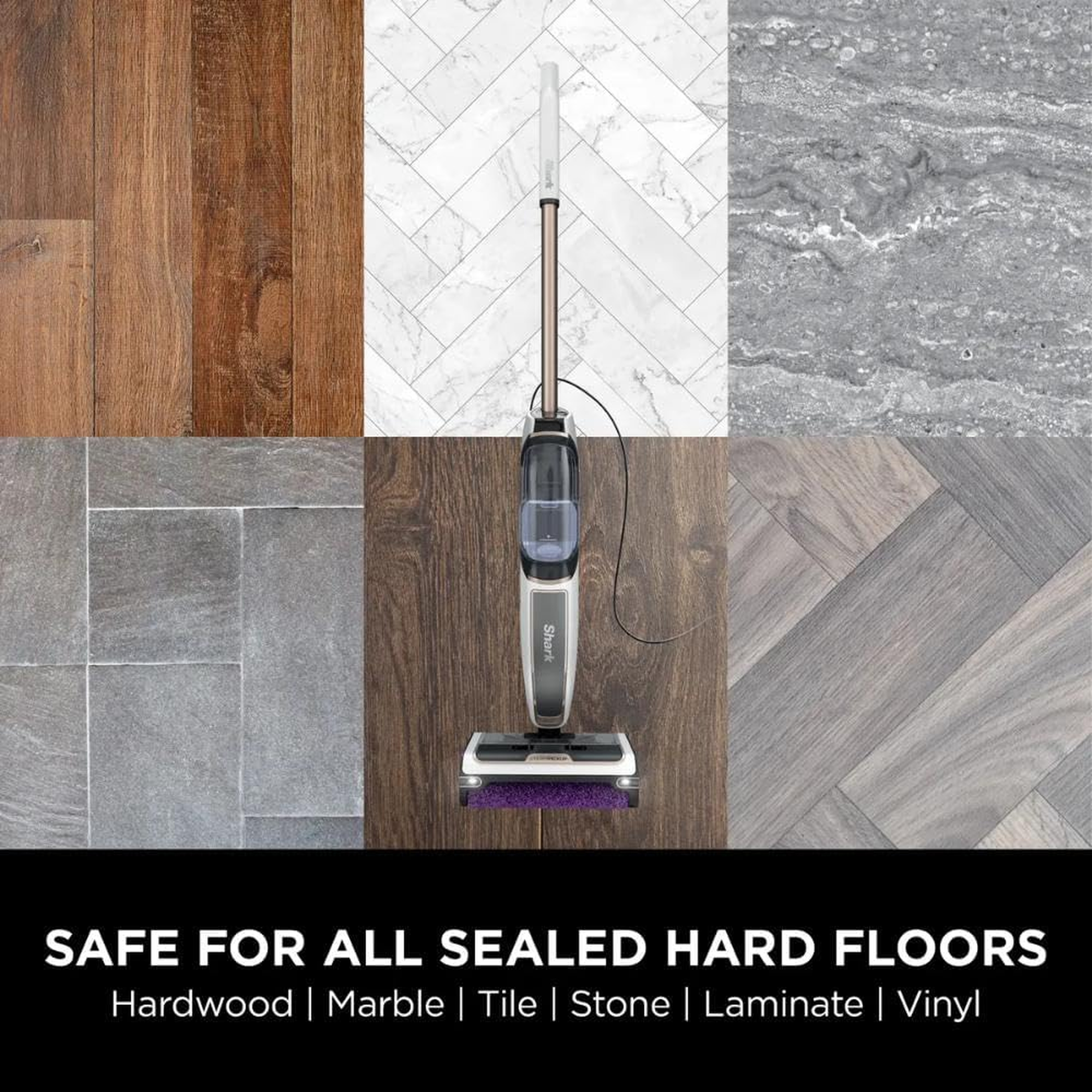 Shark SteamPickUp SD200ME shown safe for use on hardwood, marble, tile, stone, laminate, and vinyl floors