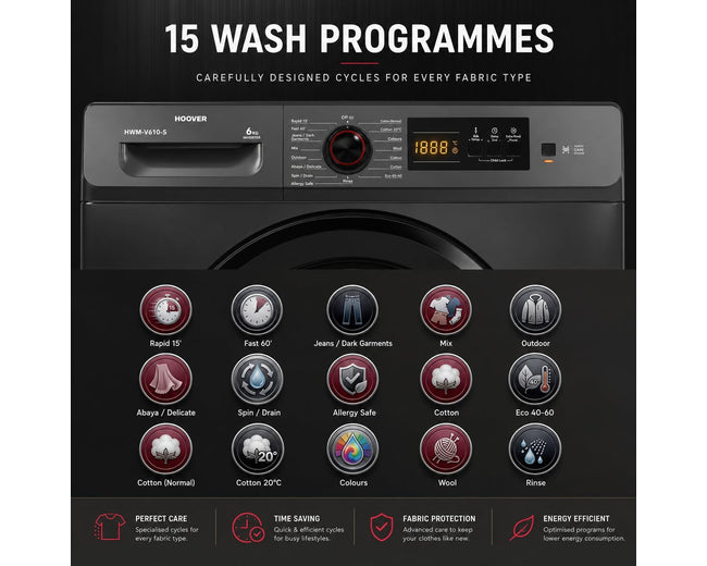Hoover HWM-V610-S control panel with 15 wash programs