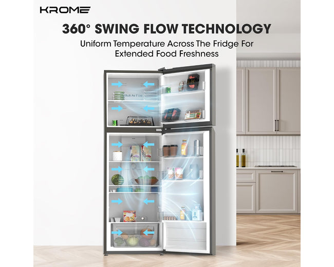 Krome KR-RFF370TI Refrigerator – doors open, 360 swing flow cooling