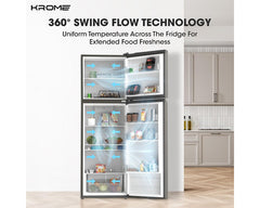 Krome KR-RFF370TI Refrigerator – doors open, 360 swing flow cooling