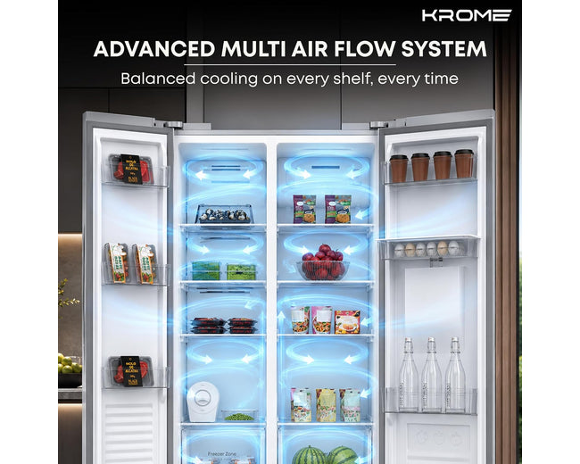 Krome KR-SBS600WM Refrigerator – doors open, multi air flow