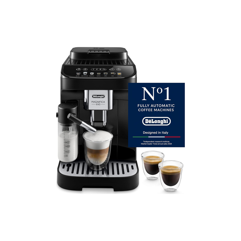De'Longhi Magnifica Evo ECAM292.81.B espresso machine dispensing a latte macchiato