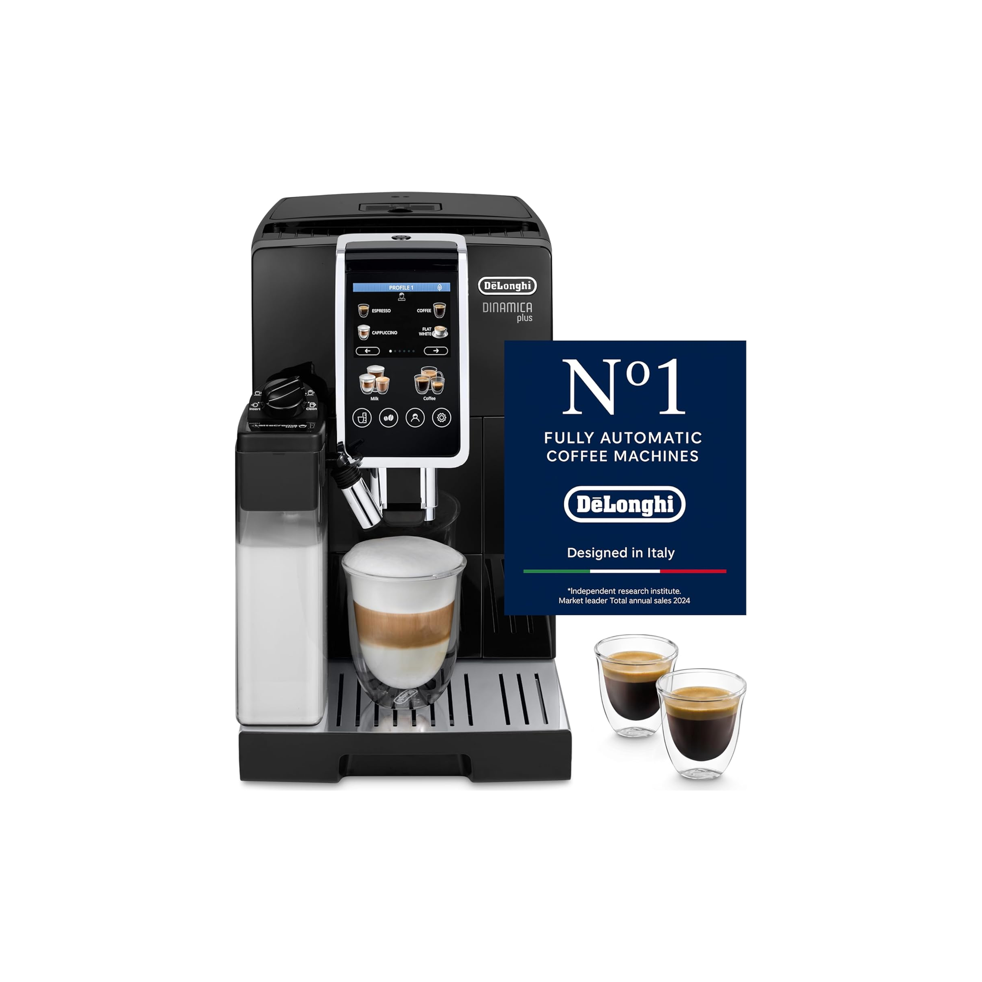De'Longhi Dinamica Plus ECAM382.70.B espresso machine dispensing a latte macchiato