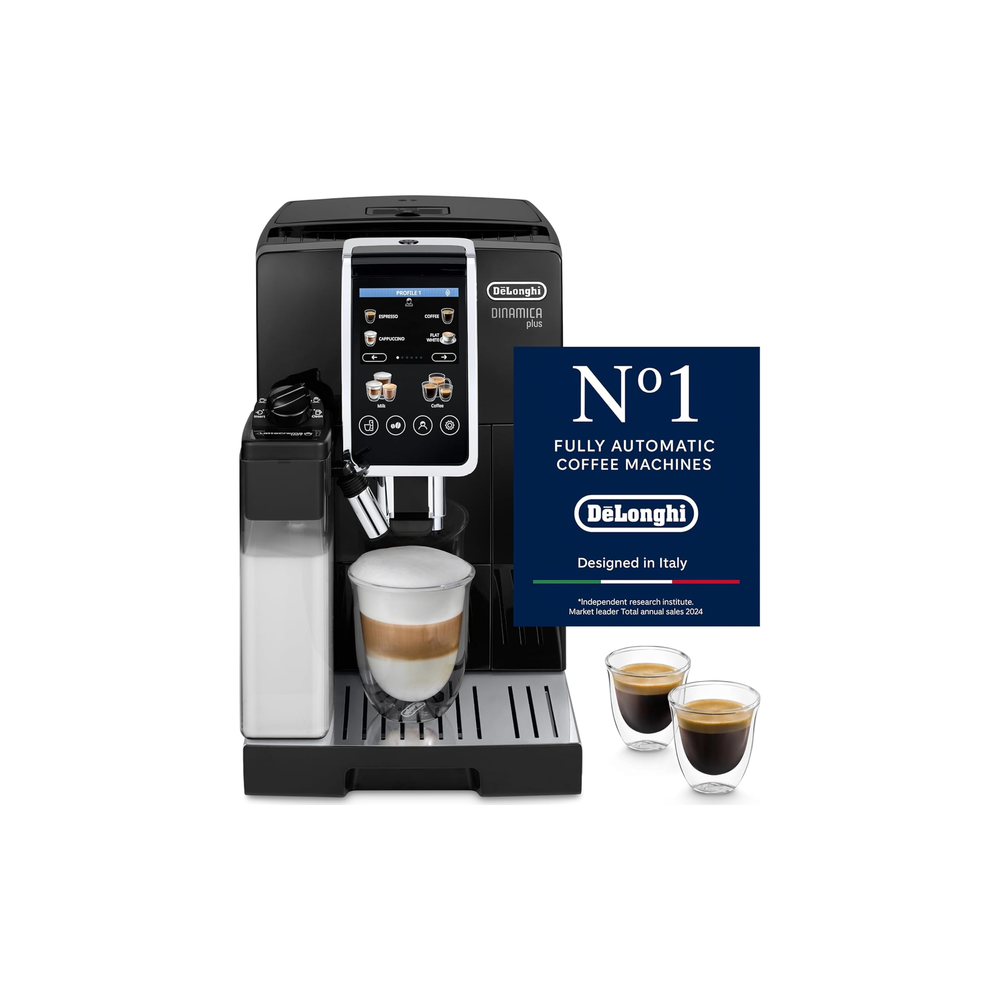 De'Longhi Dinamica Plus ECAM382.70.B espresso machine dispensing a latte macchiato