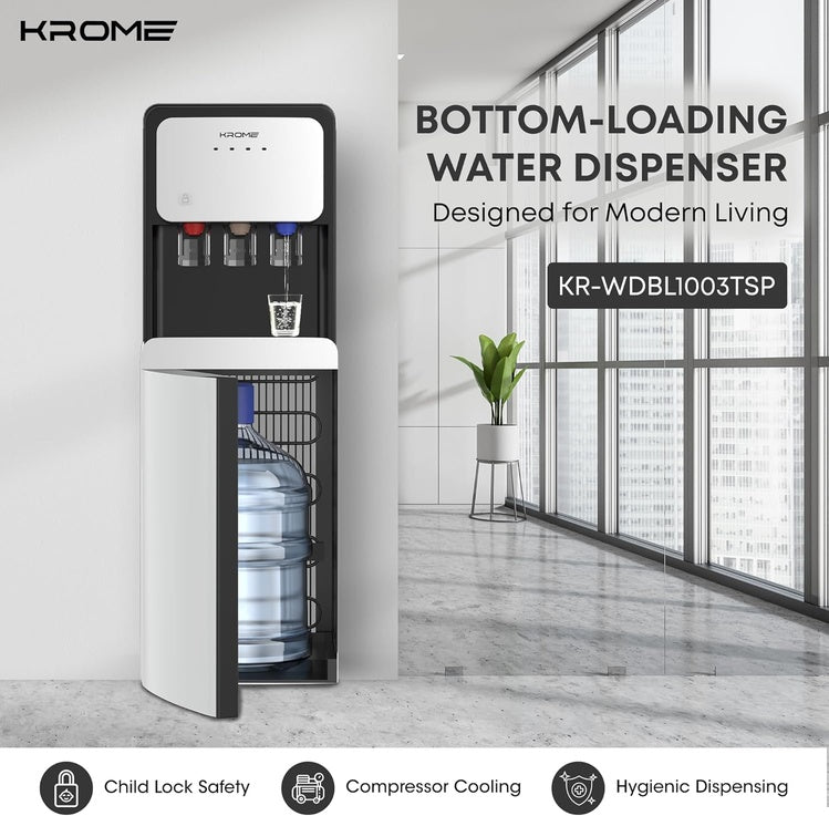 KROME Bottom-Loading Water Dispenser, Hot, Cold & Warm Water, Child Safety Lock, Stainless Steel Tanks, 3L Cooling & 5L Heating Capacity, LED Indicators, KR-WDBL1003TSP