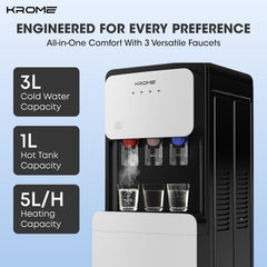 KROME Bottom-Loading Water Dispenser, Hot, Cold & Warm Water, Child Safety Lock, Stainless Steel Tanks, 3L Cooling & 5L Heating Capacity, LED Indicators, KR-WDBL1003TSP