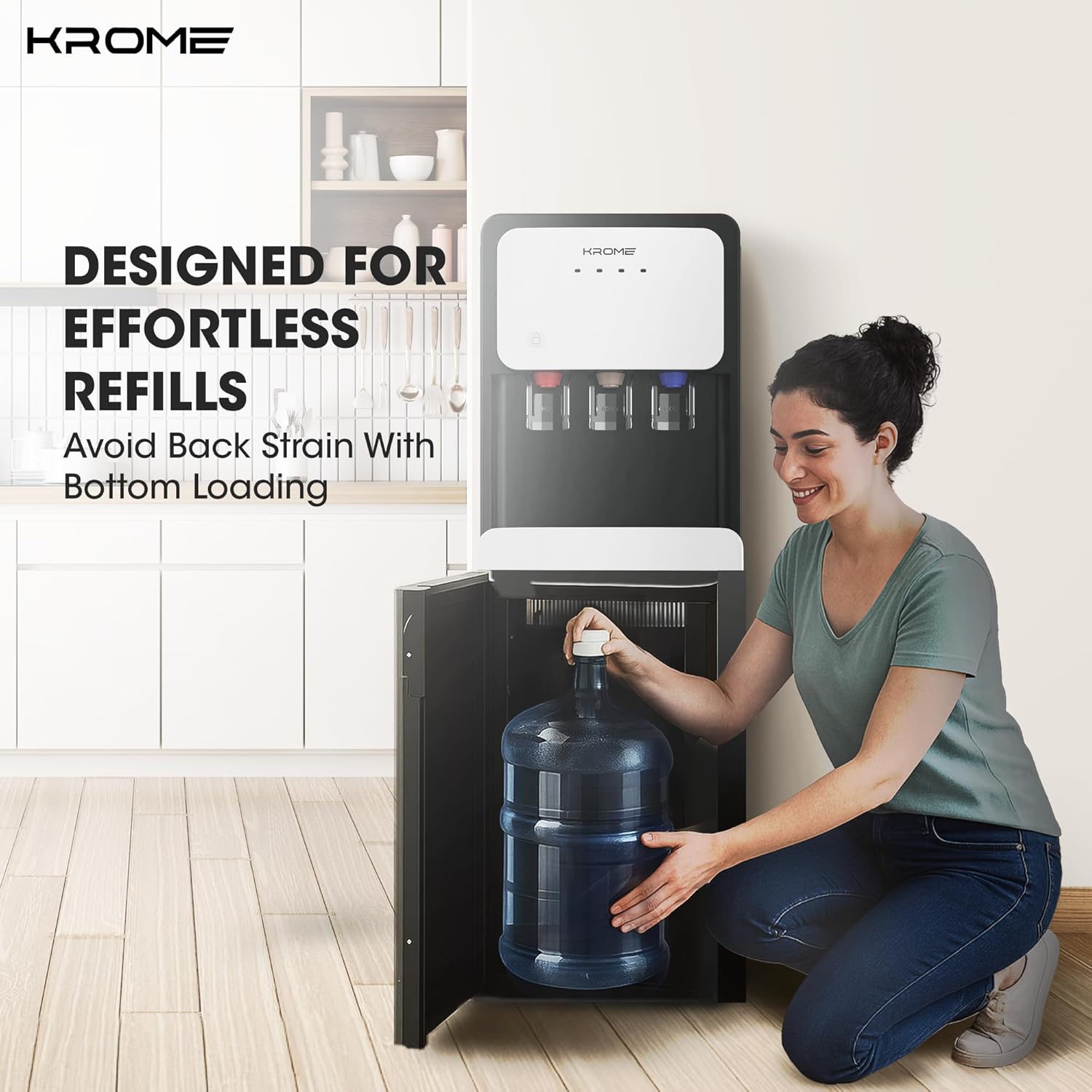 KROME Bottom-Loading Water Dispenser, Hot, Cold & Warm Water, Child Safety Lock, Stainless Steel Tanks, 3L Cooling & 5L Heating Capacity, LED Indicators, KR-WDBL1003TSP