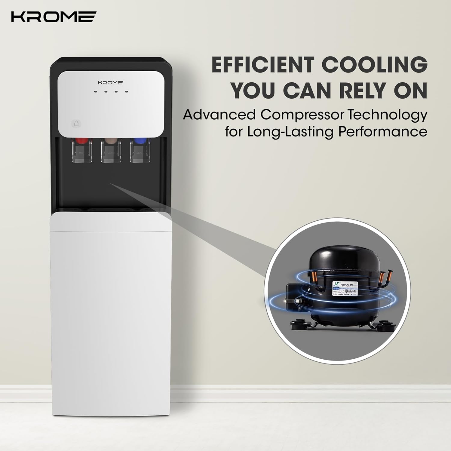 KROME Bottom-Loading Water Dispenser, Hot, Cold & Warm Water, Child Safety Lock, Stainless Steel Tanks, 3L Cooling & 5L Heating Capacity, LED Indicators, KR-WDBL1003TSP