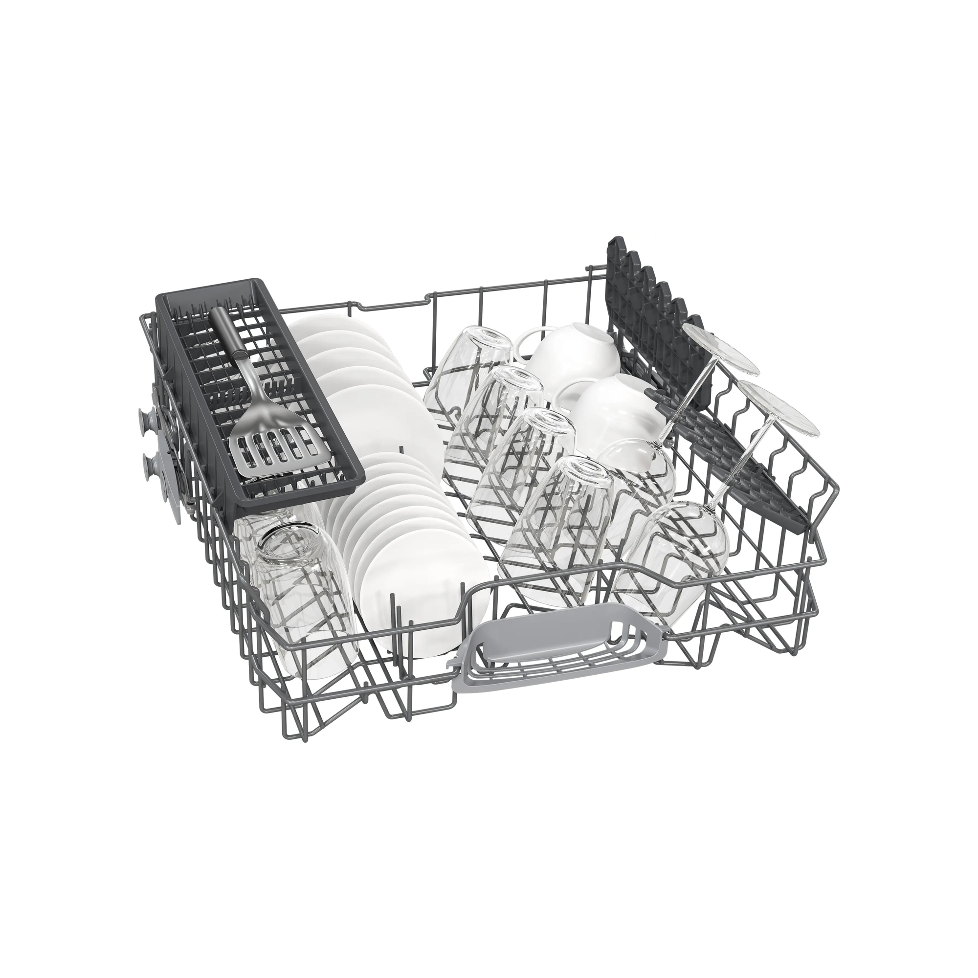 Fully loaded upper basket of the Siemens SN616X00AM dishwasher with plates, glasses, and cutlery tray