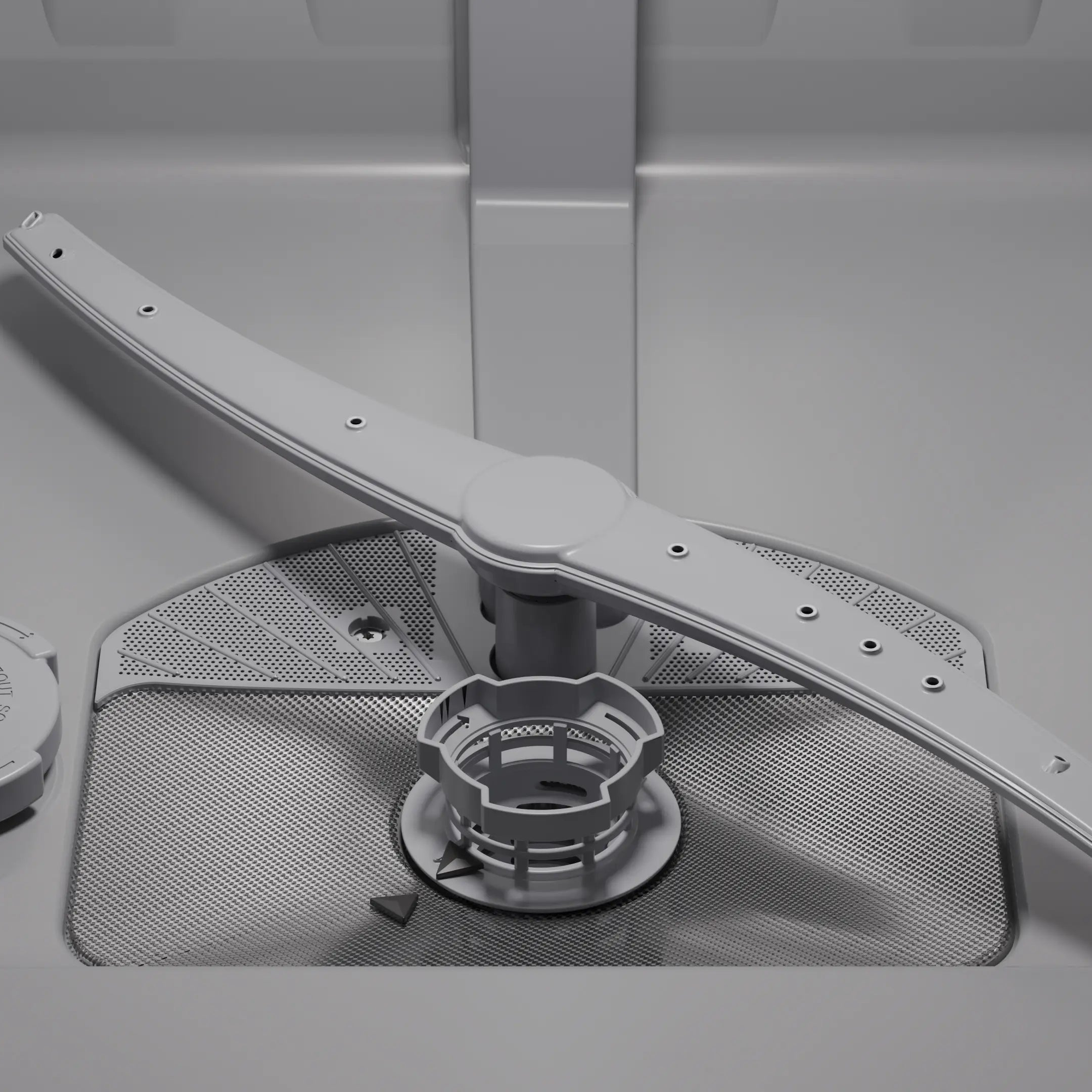 Interior view of the Siemens SN616X00AM dishwasher tub showing the spray arm and water inlet valve