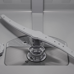 Interior view of the Siemens SN616X00AM dishwasher tub showing the spray arm and water inlet valve