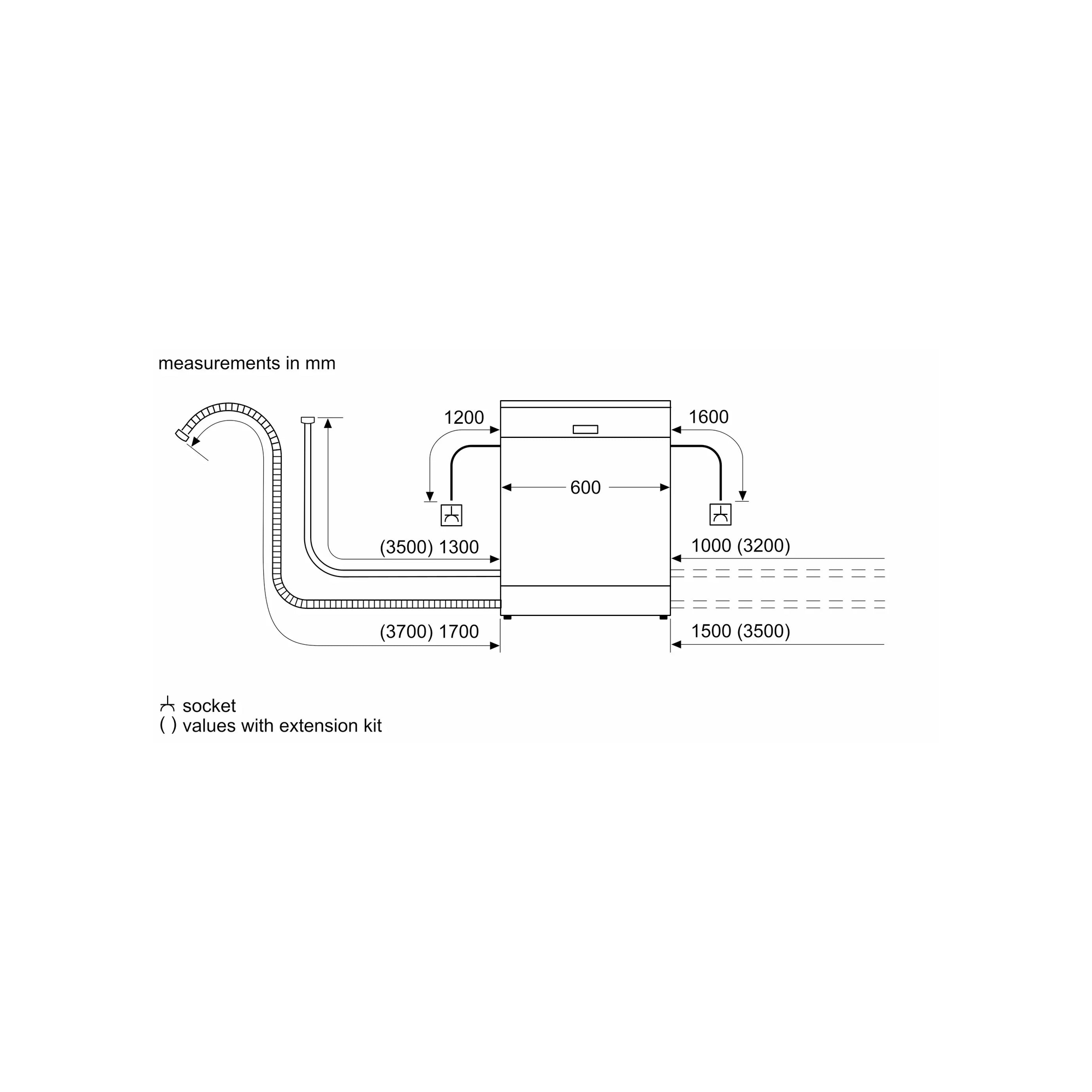 Siemens SN616X00AM installation diagram – water supply and drainage hose measurements in mm
