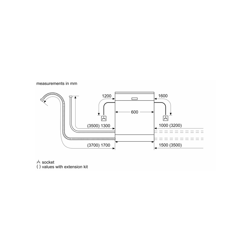 Siemens SN616X00AM installation diagram – water supply and drainage hose measurements in mm